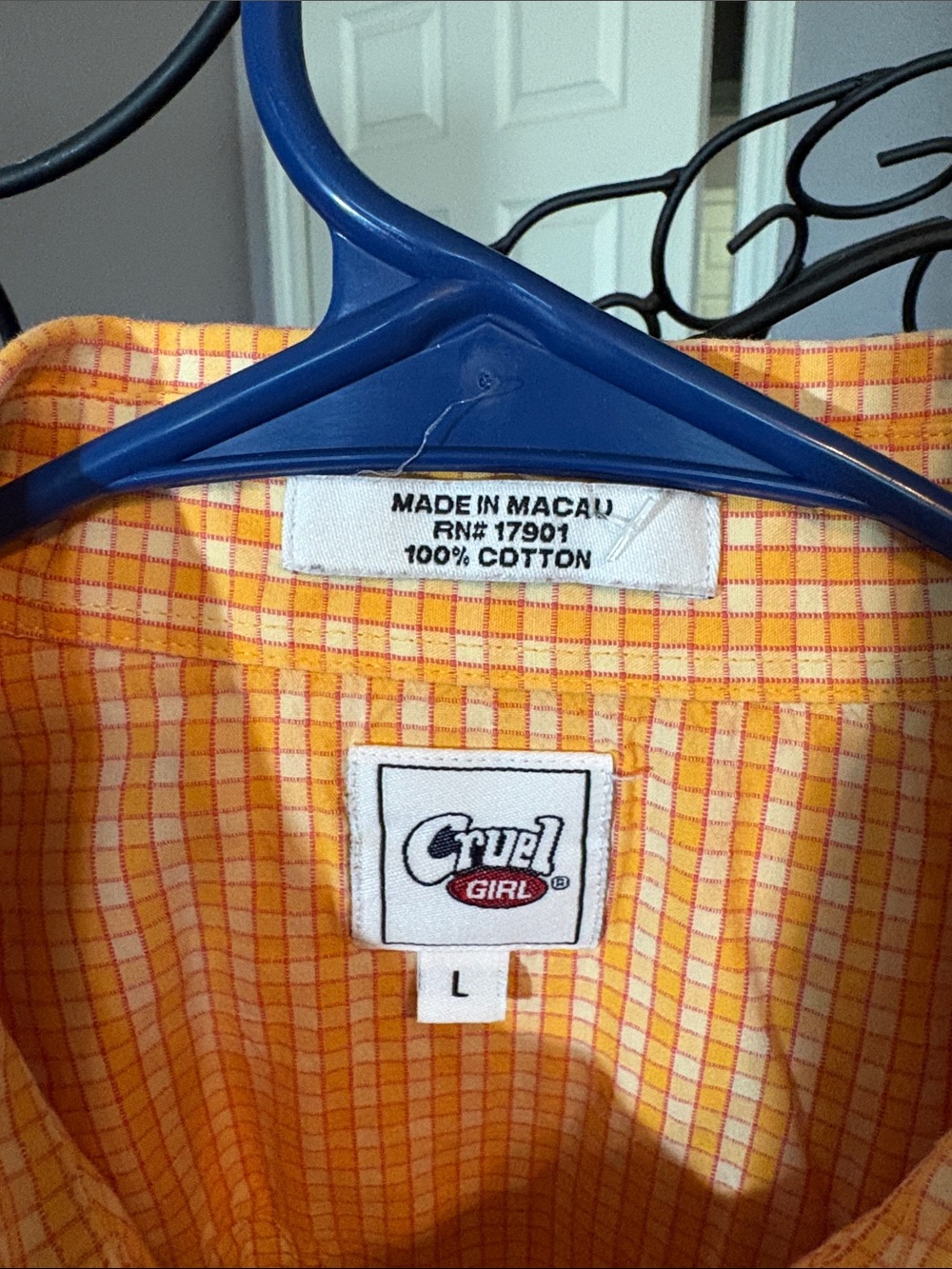 Cruel Girl Orange and White Plaid Western Shirt with snaps and rhinestones - Picture 2 of 4